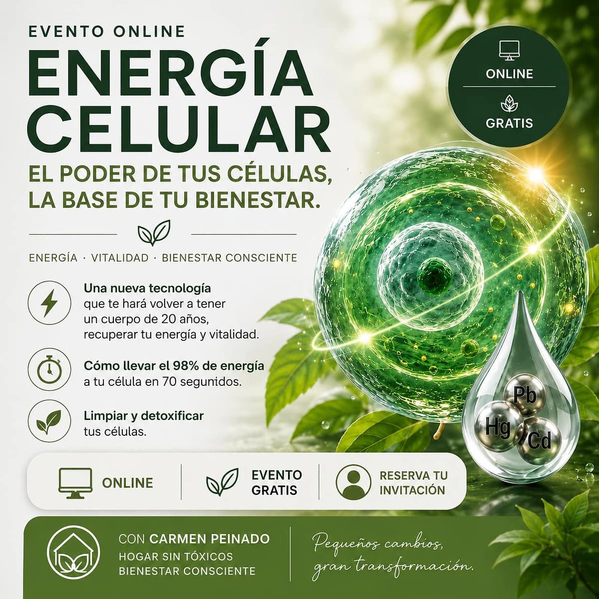 Cartel de evento online de Carmen Peinado sobre energía celular, vitalidad, detox celular, bienestar consciente y apoyo celular con estética verde natural.