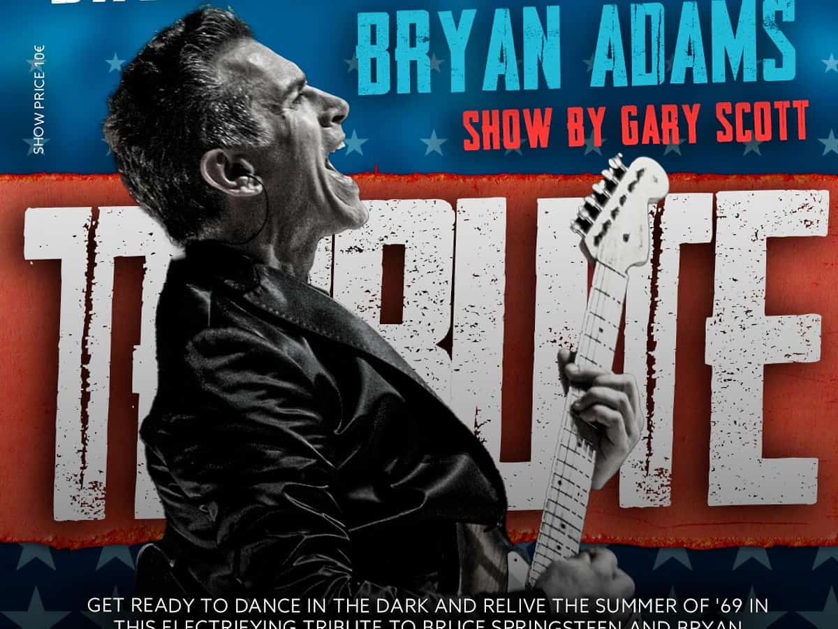 Cartel del Tribute Show en La Sala Puerto Banús con Gary Scott a la guitarra y tributo a Bruce Springsteen y Bryan Adams el martes 11 de agosto.