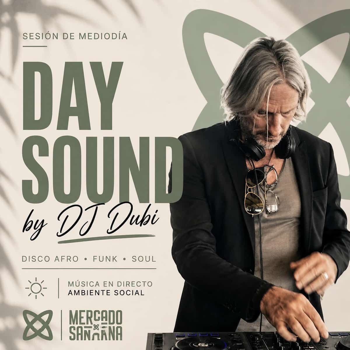 Cartel de DJ Dubi en Mercado de Santa Ana, sesión nocturna de disco, funk y soul el jueves 14 de mayo en Estepona.