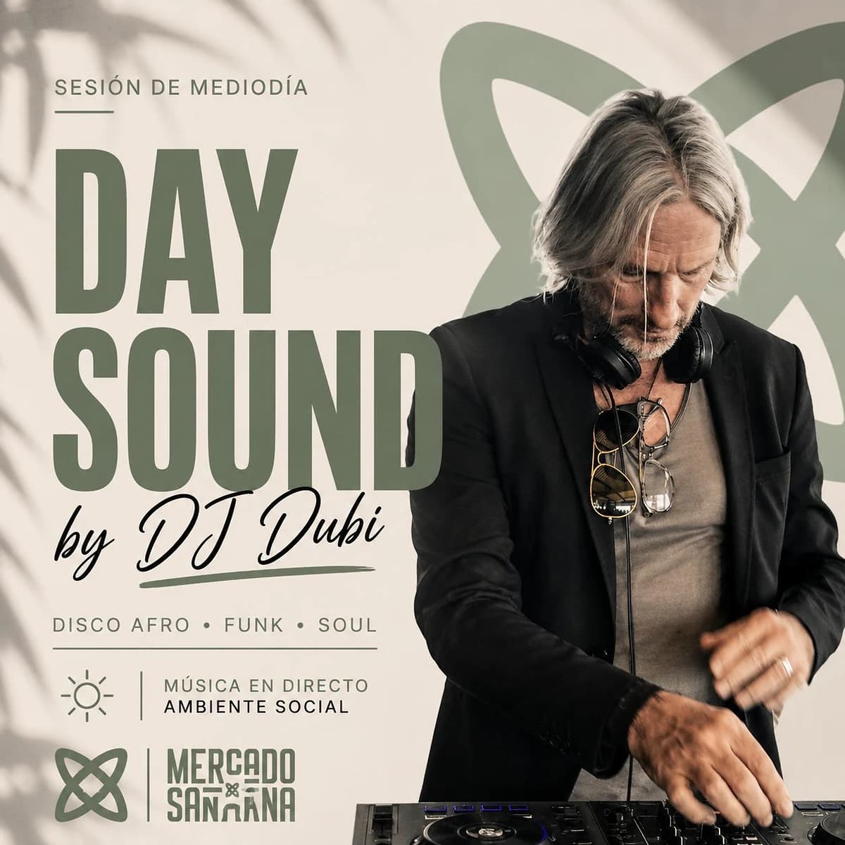 Cartel de DJ Dubi en Mercado de Santa Ana, sesión nocturna de disco, funk y soul el jueves 14 de mayo en Estepona.