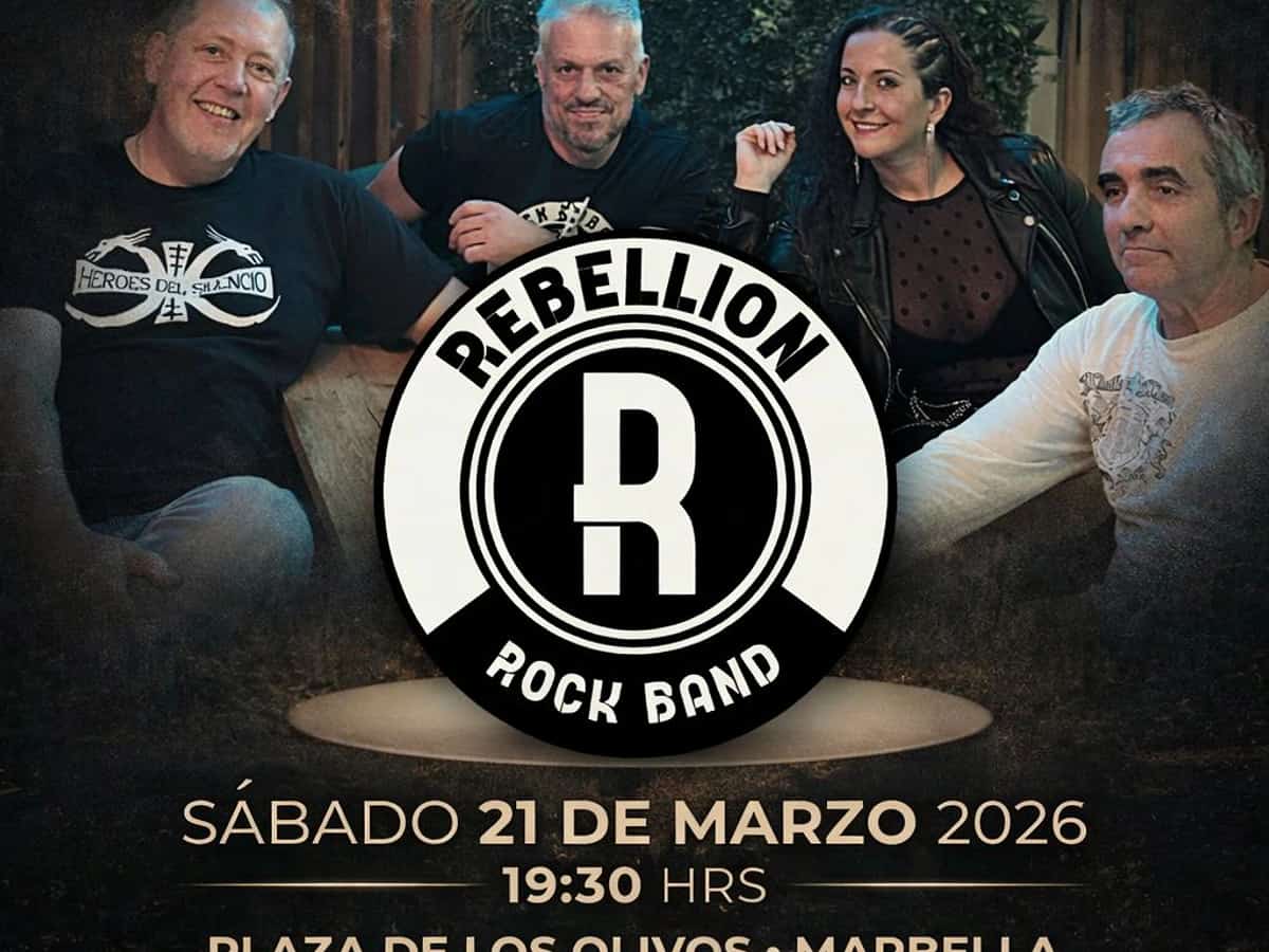 Cartel promocional de Rebellion Rock Band en Premiere Club con cuatro miembros de la banda sentados y posando en un ambiente interior oscuro. El concierto es el sábado 21 de marzo de 2026 a las 19:30 h.