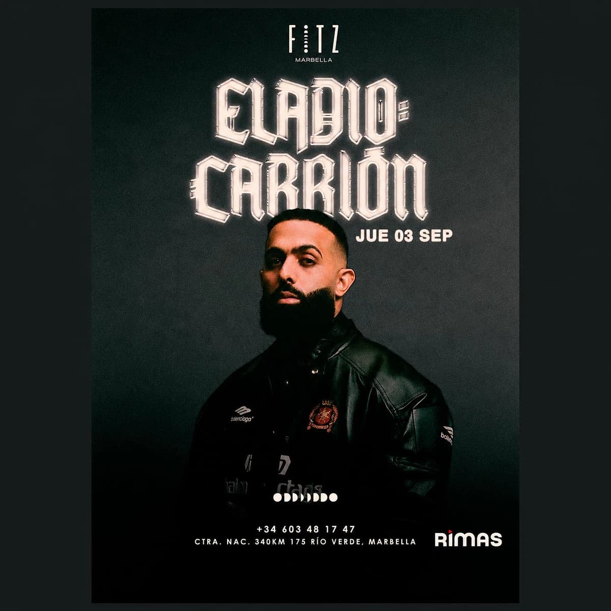 Cartel de Eladio Carrión en FITZ Marbella para el jueves 3 de septiembre, con fondo oscuro, retrato del artista con chaqueta negra, nombre en tipografía grande plateada y datos del evento.