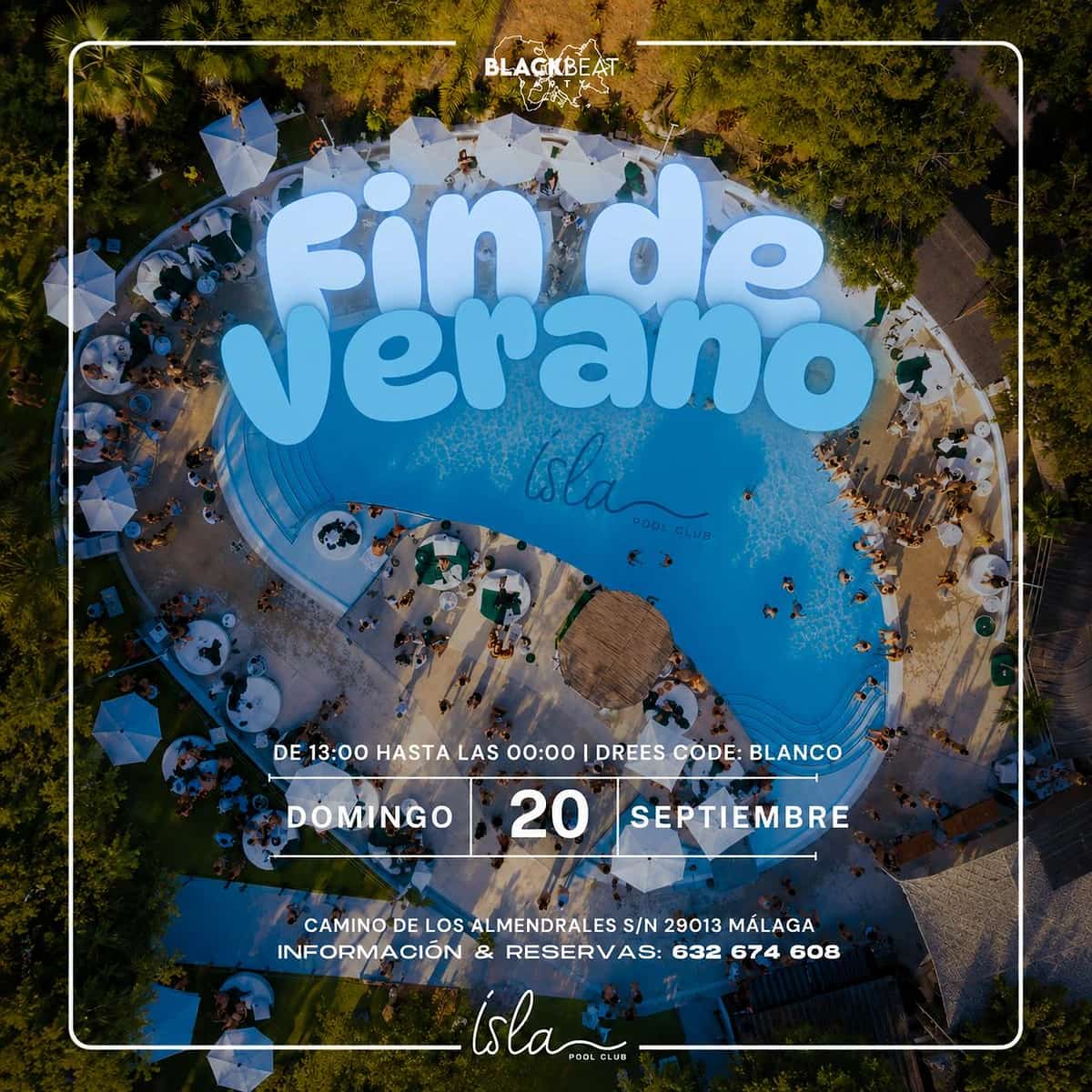 Cartel promocional de Blackbeat en Isla Pool Club con vista nocturna de una piscina rodeada de palmeras, tipografía dorada de gran tamaño, relámpagos morados y mensajes sobre música, bebidas premium, piscina y buen ambiente en Málaga.