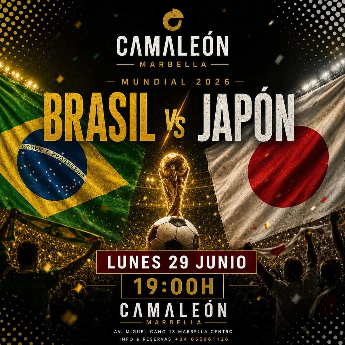 Cartel de retransmisión en directo de Brasil vs Japón en el Mundial 2026 con ambiente de fútbol internacional y plan de tarde-noche en Marbella centro.