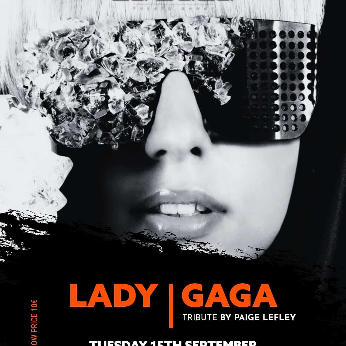 Cartel del Lady Gaga Tribute en La Sala Puerto Banús con Paige Lefley en blanco y negro, gafas brillantes y show anunciado para el martes 15 de septiembre.