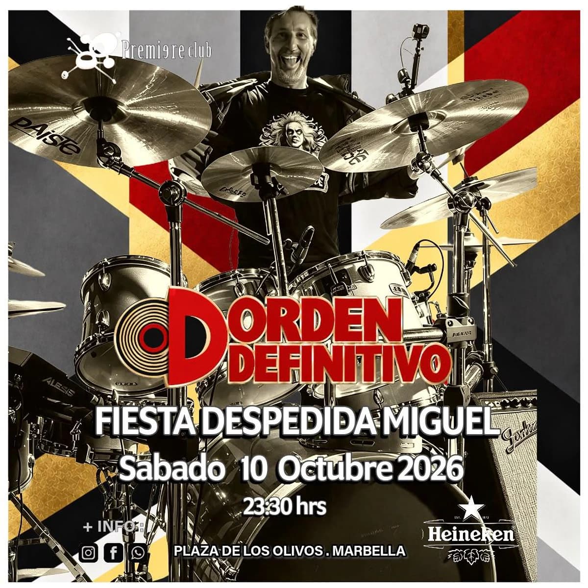 Orden Definitivo aparece en un cartel protagonizado por un músico sonriente tras una batería, con el texto Fiesta Despedida Miguel, sábado 10 de octubre de 2026 a las 23:30 h en Marbella.