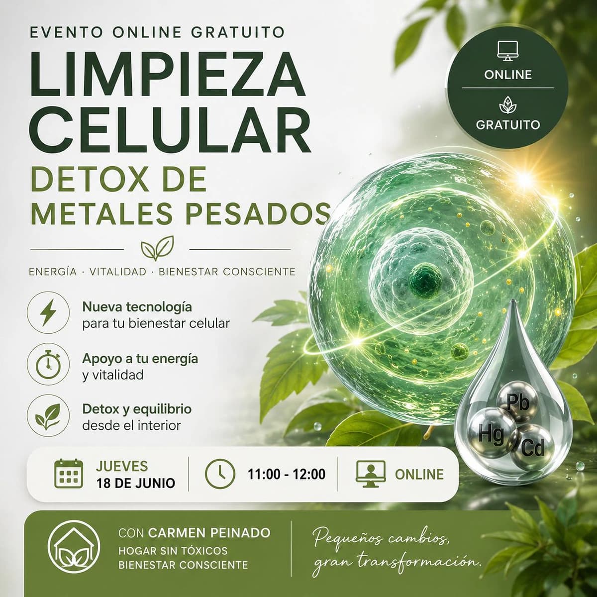 Cartel de evento online sobre limpieza celular, detox de metales pesados, energía, vitalidad y bienestar consciente con Carmen Peinado.