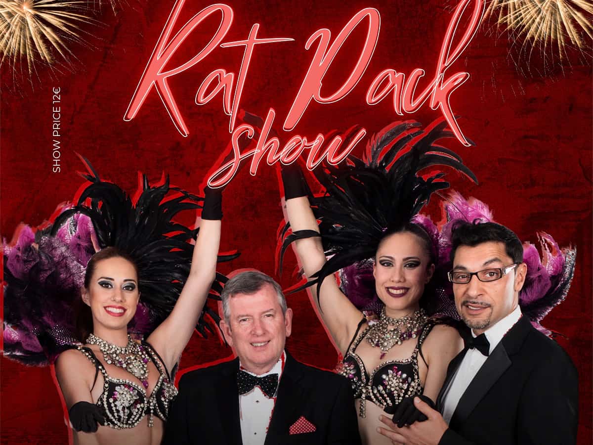 Cartel rojo del Rat Pack Show en La Sala Puerto Banús con dos showgirls y dos artistas anunciando un tributo a Frank Sinatra y Sammy Davis Jr. el martes 7 de julio.