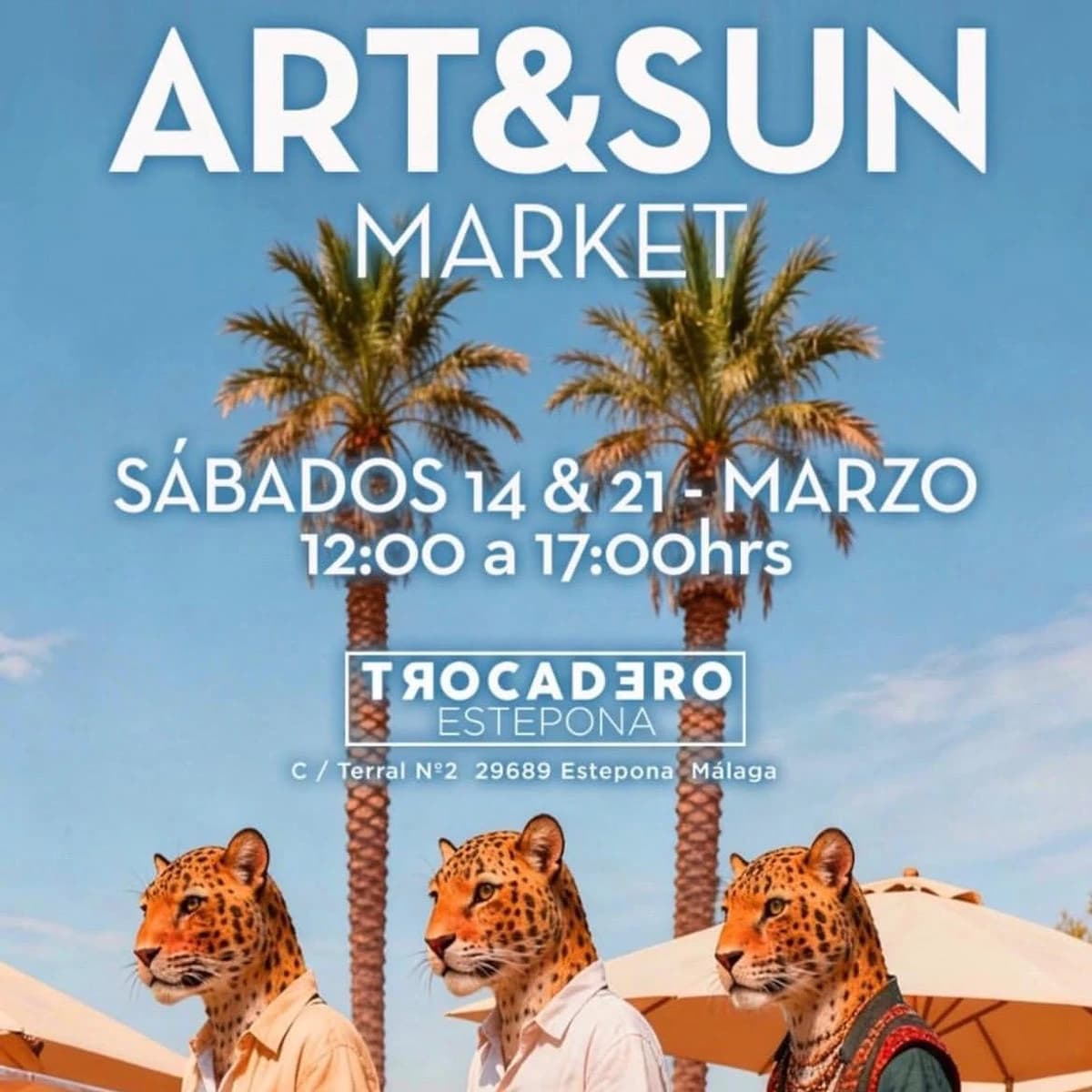 Cartel del Art & Sun Market en Trocadero Estepona con mercado de moda, artesanía y diseño frente al mar.