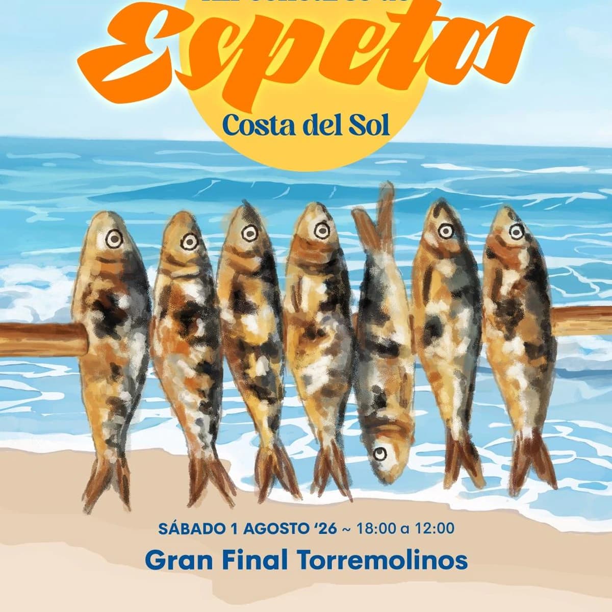 Cartel del XII Concurso de Espetos Costa del Sol 2026 con sardinas espetadas frente al mar y gran final en Torremolinos.