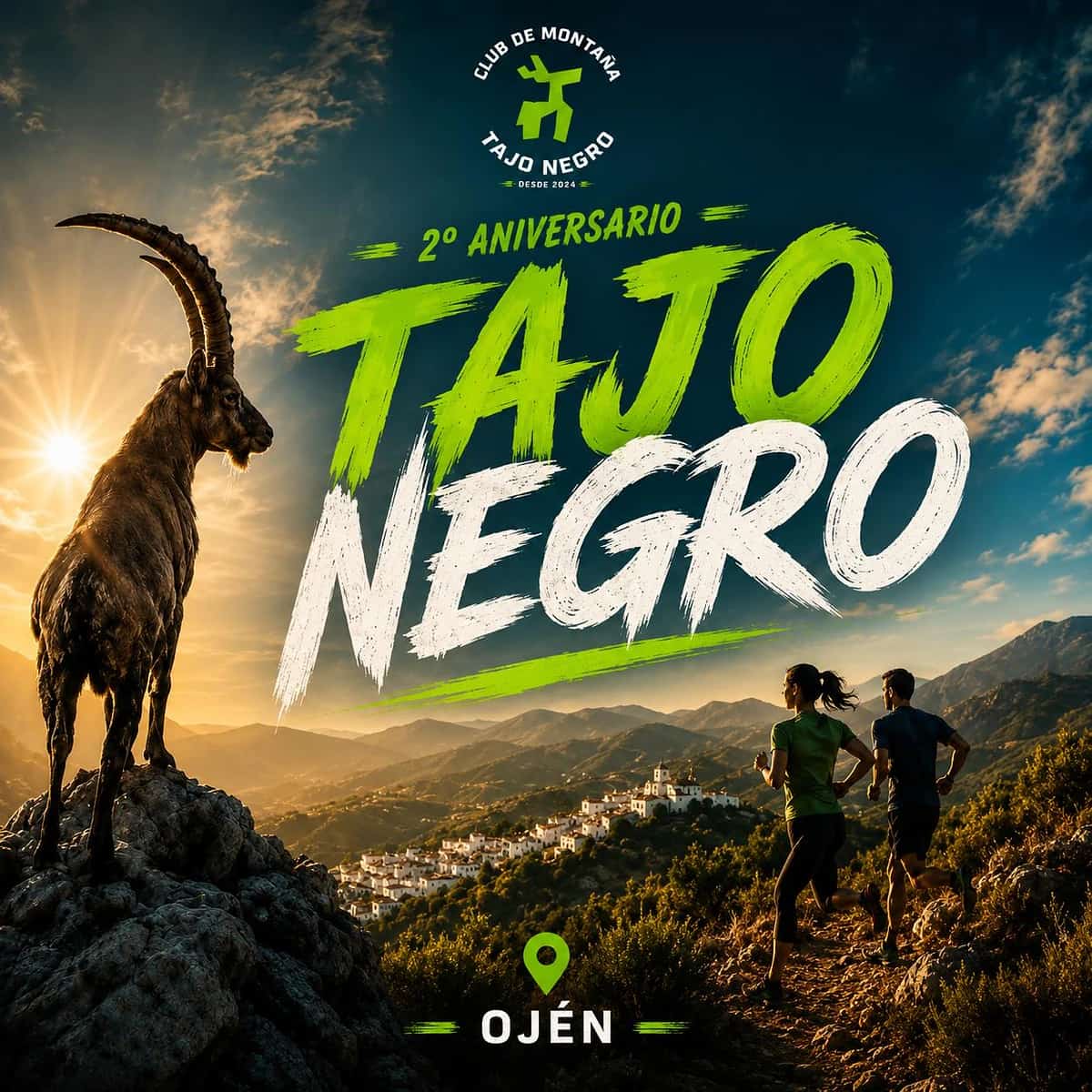 Cartel del segundo aniversario del Club de Montaña Tajo Negro con salida senderista desde la plaza, cabra montés y corredores en la sierra de Ojén.