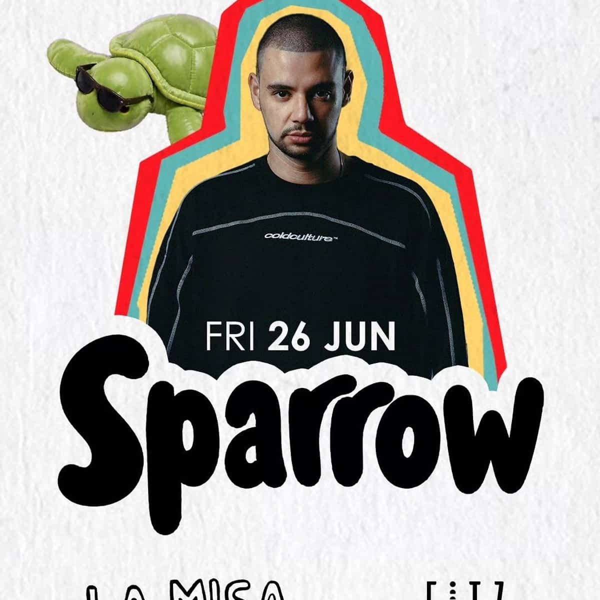 Cartel de Sparrow x La Misa en FITZ Marbella, evento nocturno +18 con actuación musical, ambiente de club y público internacional.