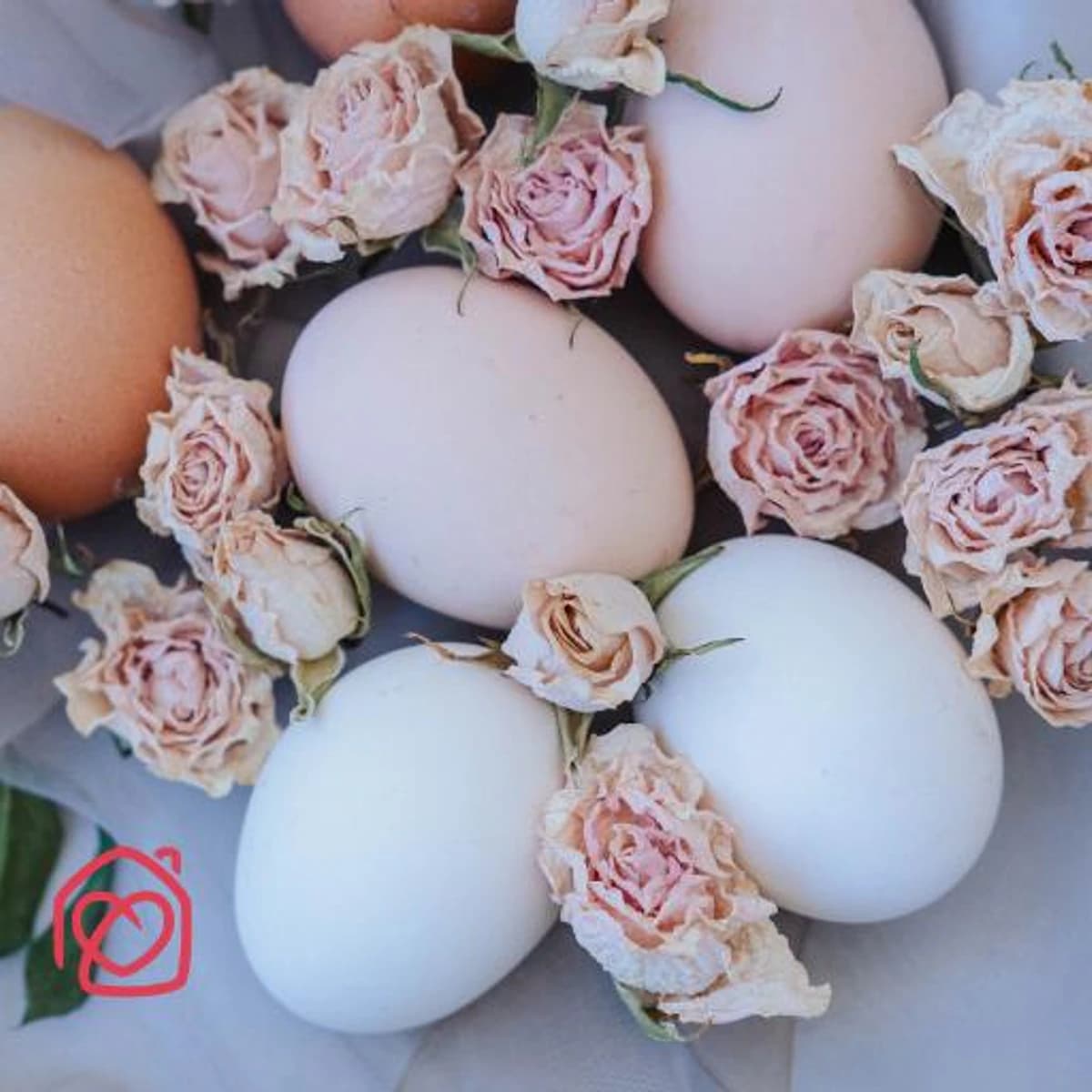 Material para centro de flores en el Taller de Centros Florales de Casa Ángeles (Marbella): huevos blancos y rosas secas para crear arreglos florales delicados.