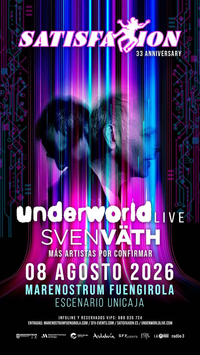 Underworld actuando en vivo con luces vibrantes y público
