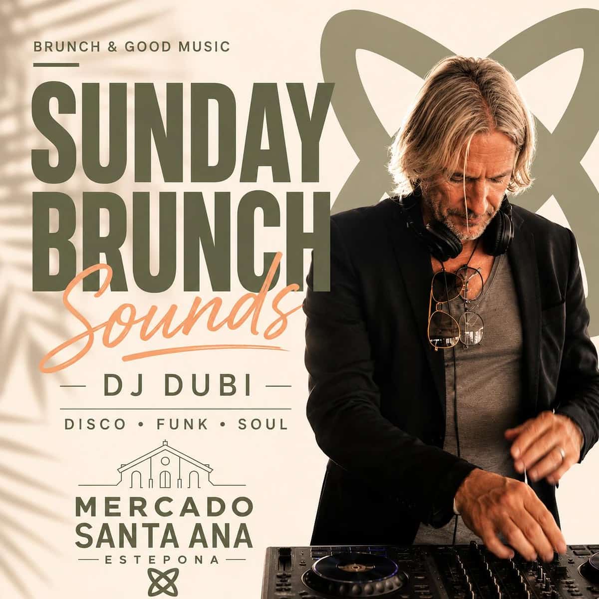 Cartel de Sunday Brunch Sounds con DJ Dubi en Mercado Santa Ana Estepona, brunch dominical con disco, funk y soul.
