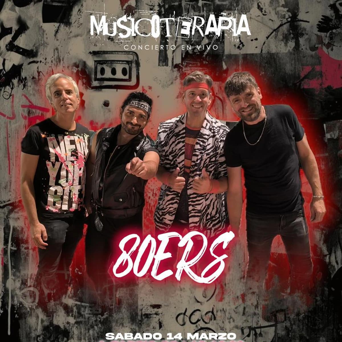 Cartel de música en vivo en San Pedro Alcántara: concierto pop rock años 80 con 80ers en A Terapia, sábado 14 de marzo desde las 18:00.
