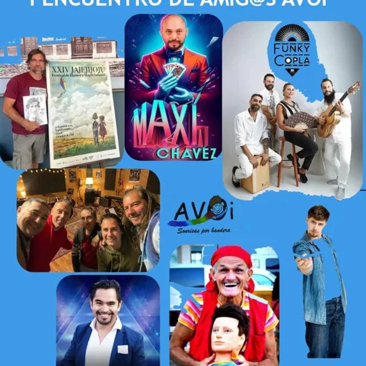 Cartel del I Encuentro de Amig@s AVOI en Fuengirola con artistas invitados, espectáculos solidarios y actuaciones musicales organizadas por la Asociación de Voluntarios de Oncología Infantil.