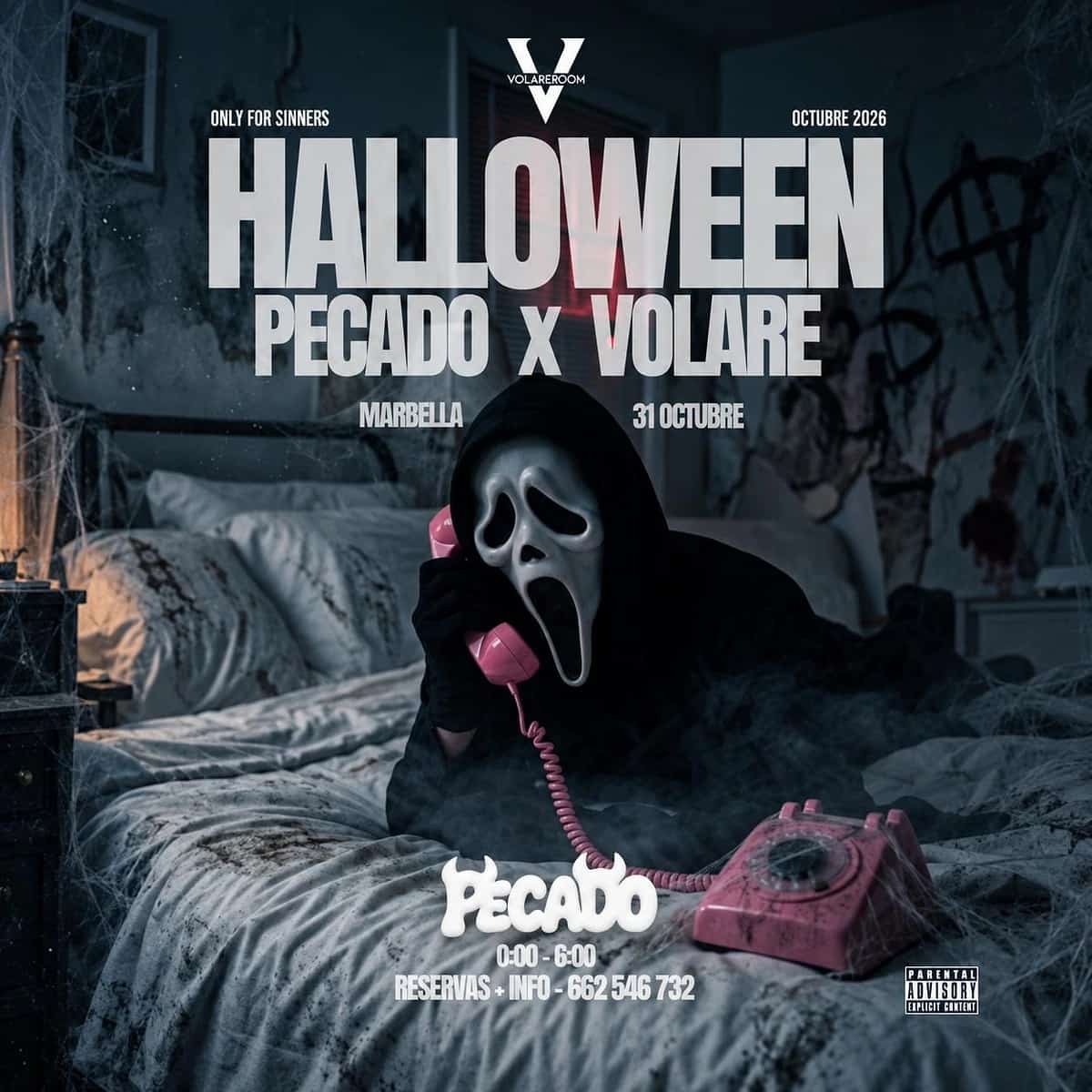 Cartel oscuro de Halloween Pecado x Volare con figura enmascarada de terror sosteniendo un teléfono rosa, texto “Halloween” y fecha 31 de octubre.