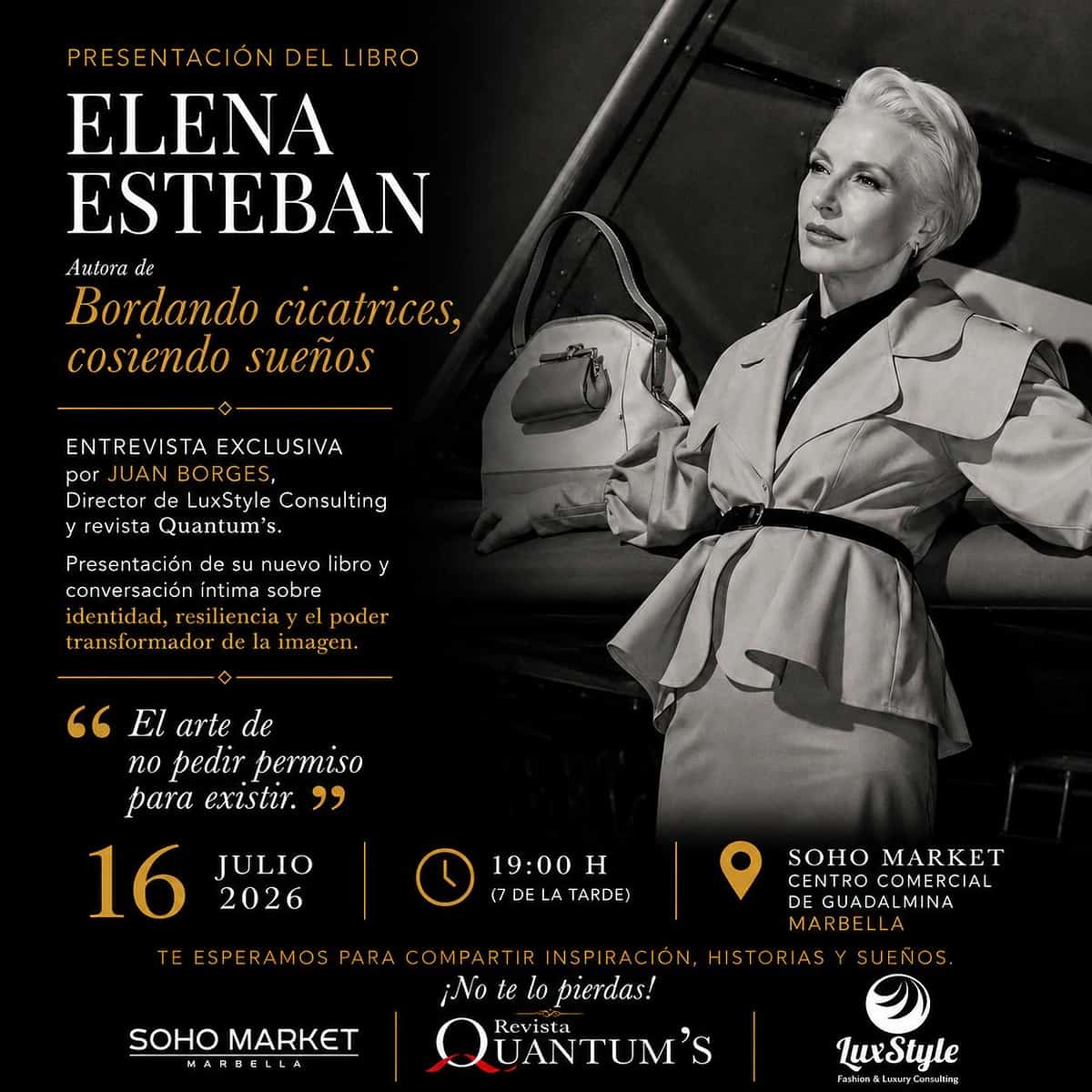 Cartel de la presentación del libro "Bordando cicatrices, cosiendo sueños" con Elena Esteban en Soho Market Marbella.