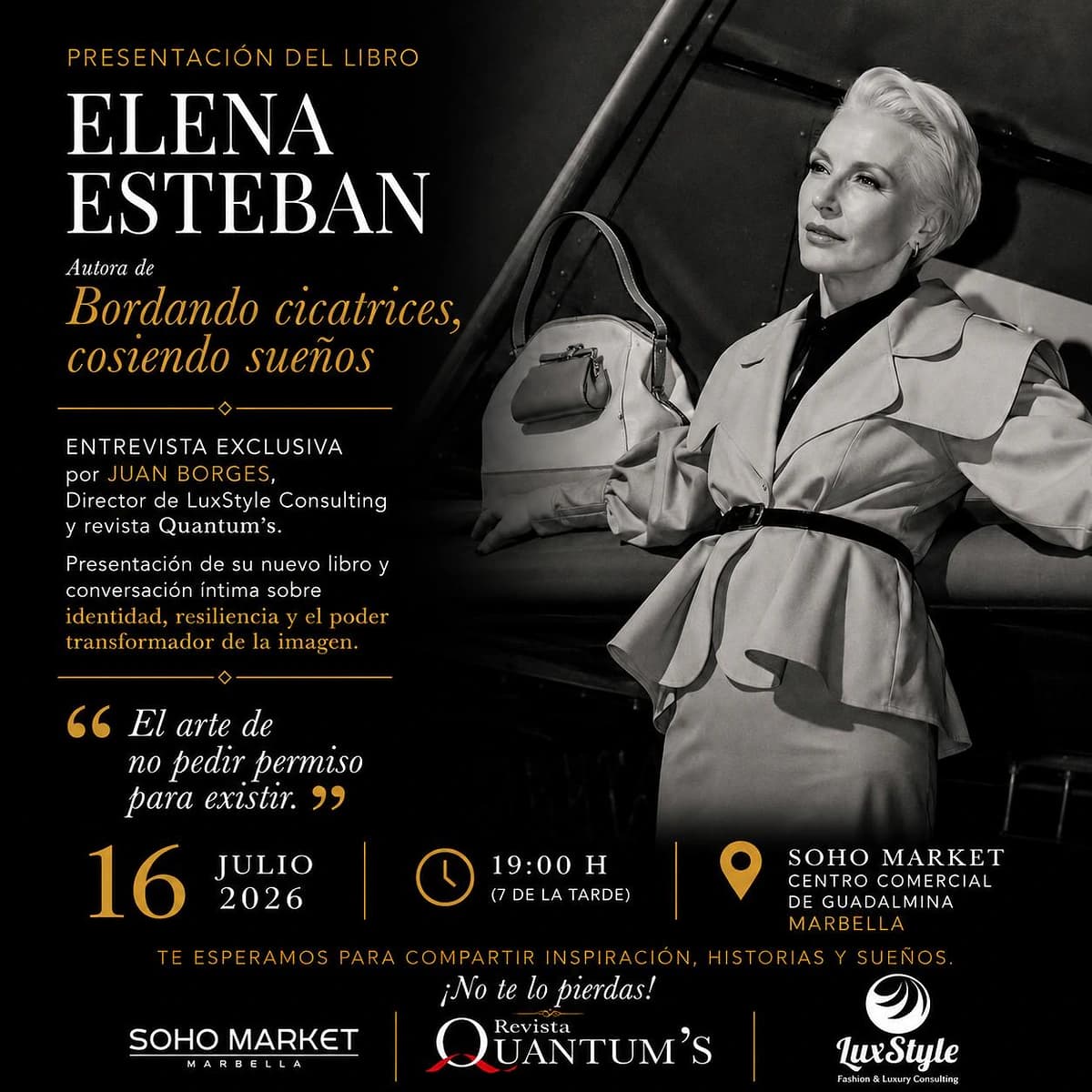 Cartel de la presentación del libro "Bordando cicatrices, cosiendo sueños" con Elena Esteban en Soho Market Marbella.