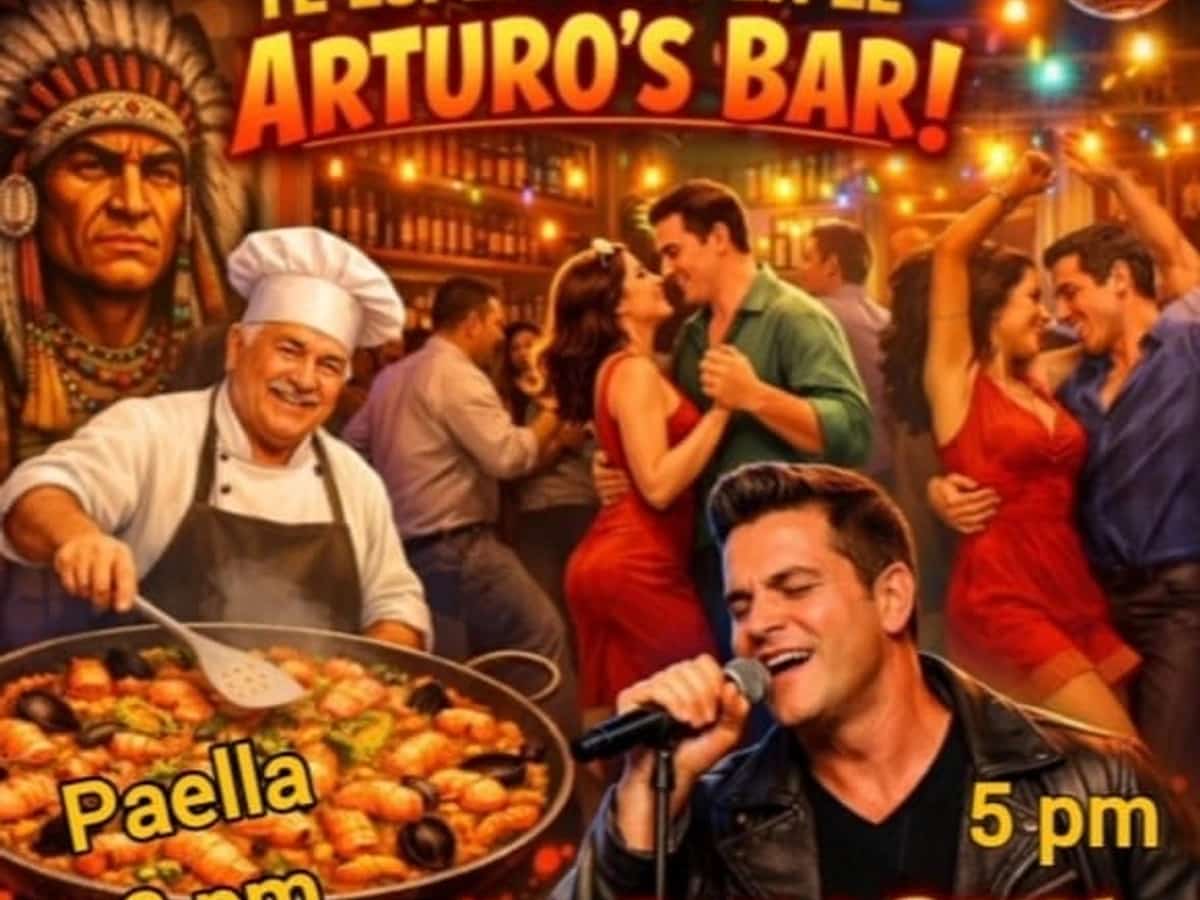 Cartel del evento en Arturo’s Bar con paella desde las 15:00 y actuación en vivo del cantante Pablo Petri, tarde festiva con música en directo, baile y ambiente animado.