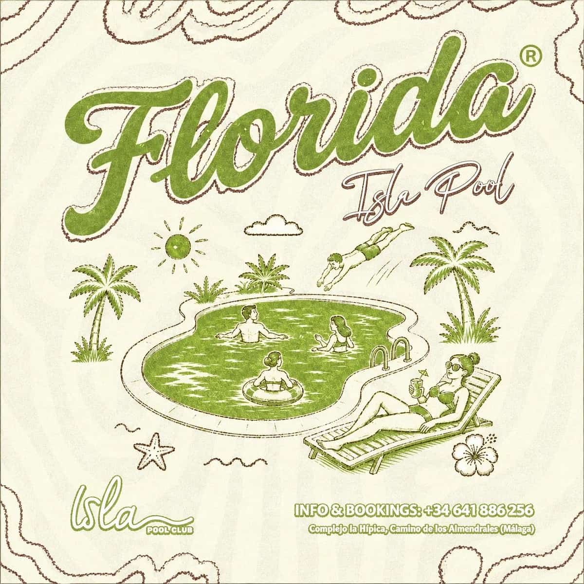 Cartel de Florida en Isla Pool Club con ilustración retro verde de una piscina rodeada de palmeras, bañistas, una mujer en hamaca y estética tropical.