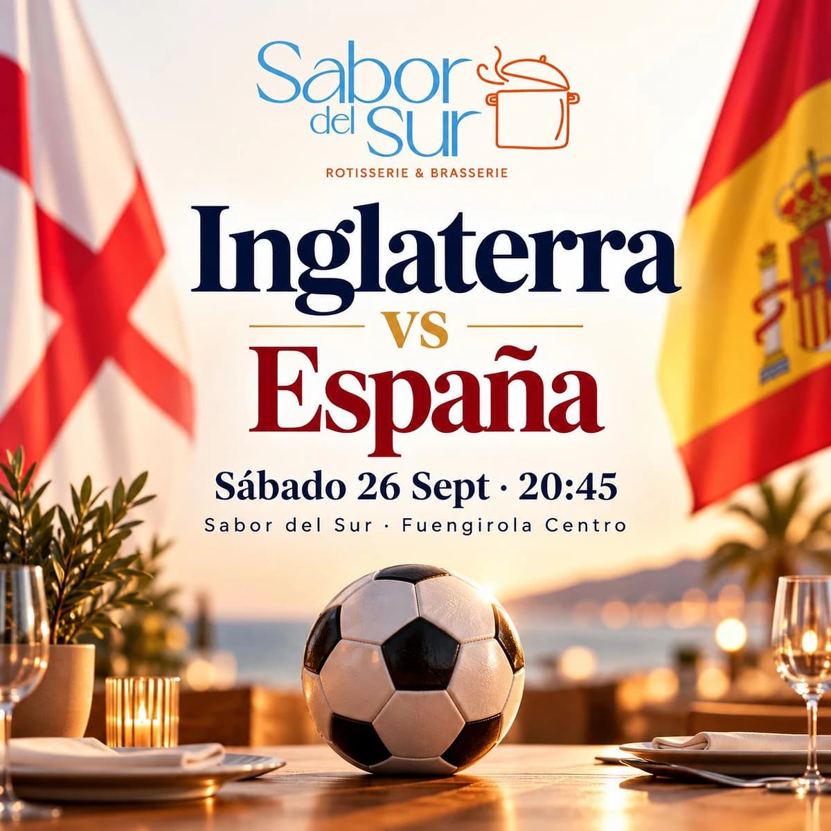 Partido Inglaterra contra España de la Nations League anunciado para ver durante la cena en Sabor del Sur, en el centro de Fuengirola.