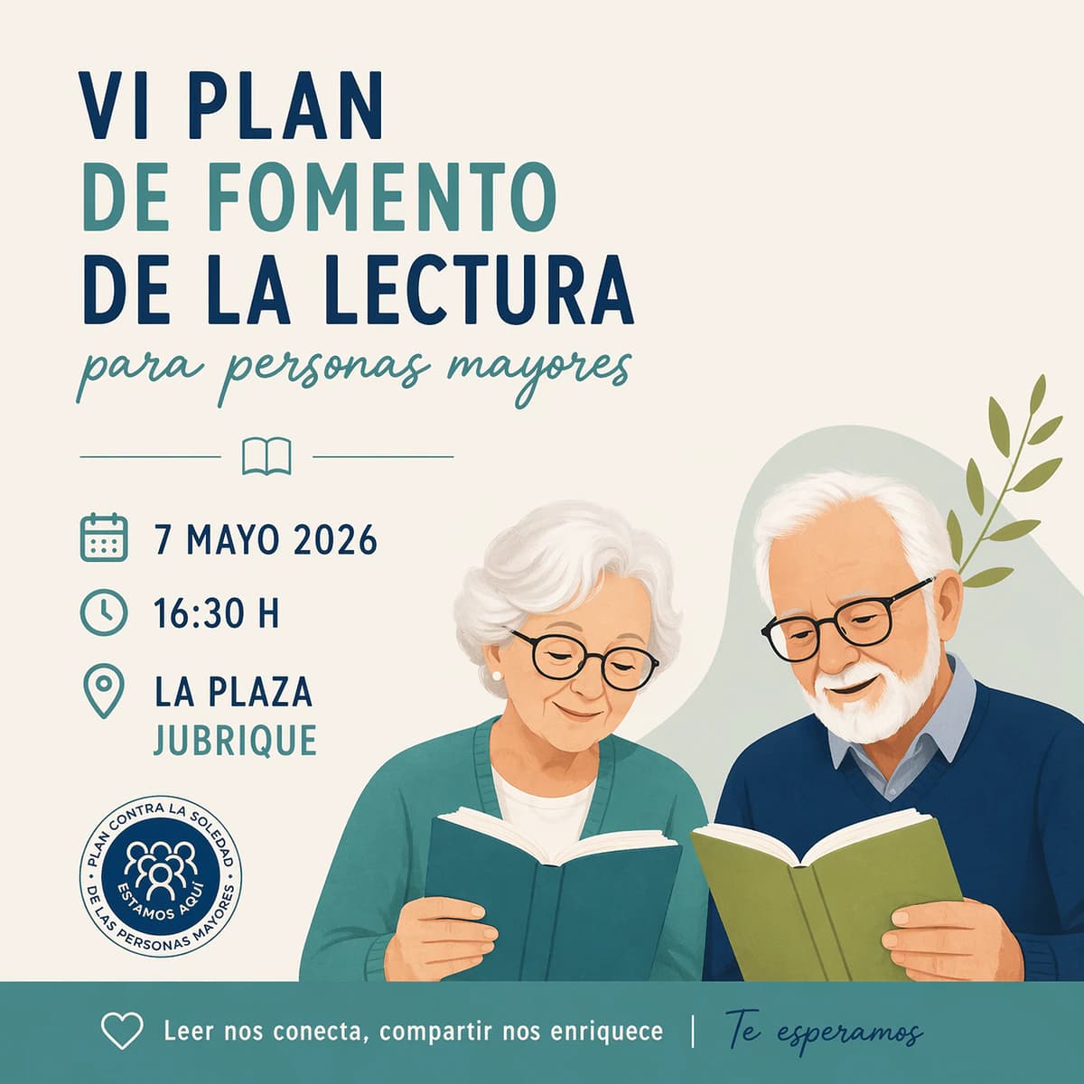 Cartel del VI Plan de Fomento de la Lectura para personas mayores en Jubrique con ilustración de libro y participantes leyendo.