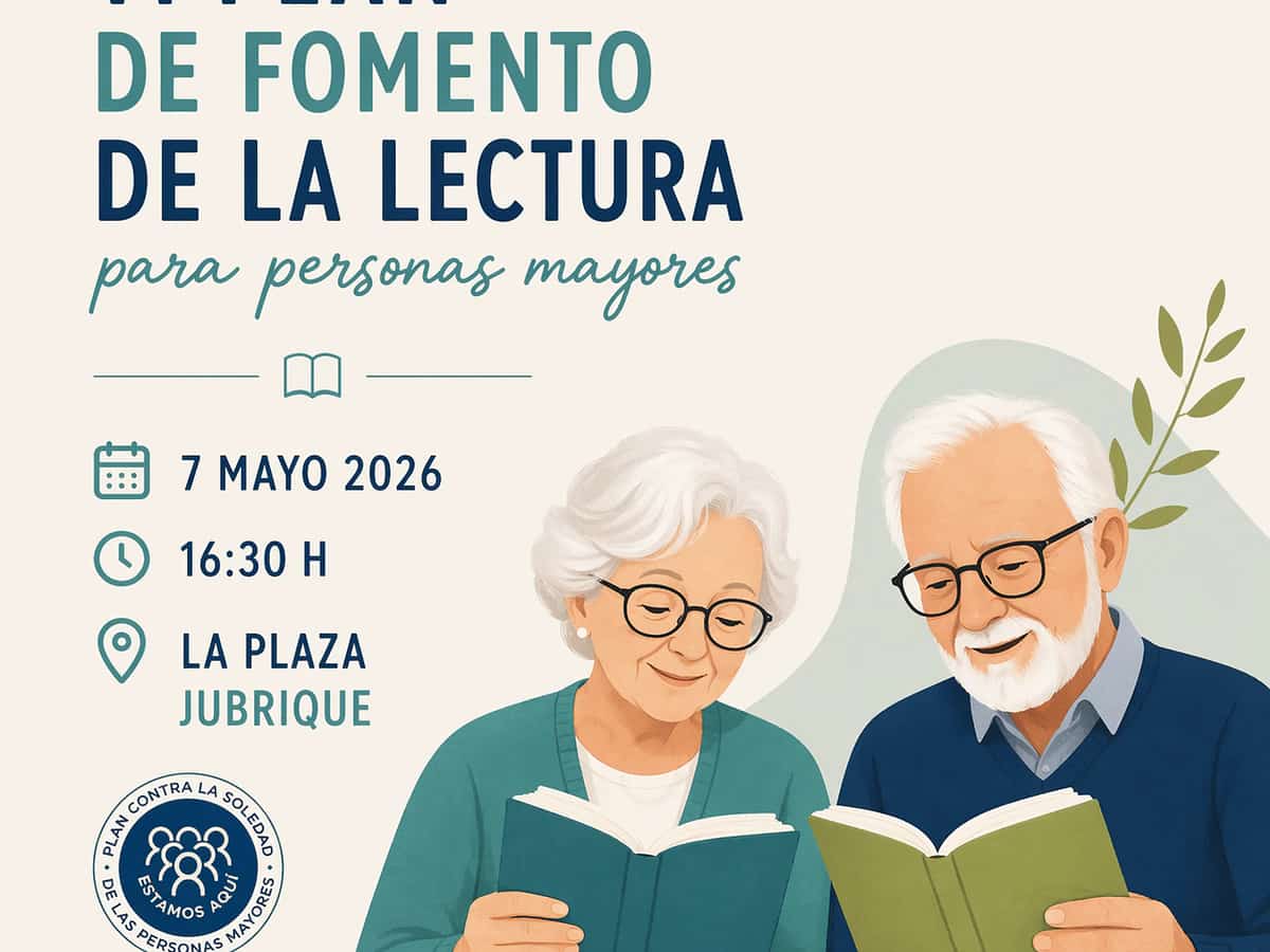 Cartel del VI Plan de Fomento de la Lectura para personas mayores en Jubrique con ilustración de libro y participantes leyendo.