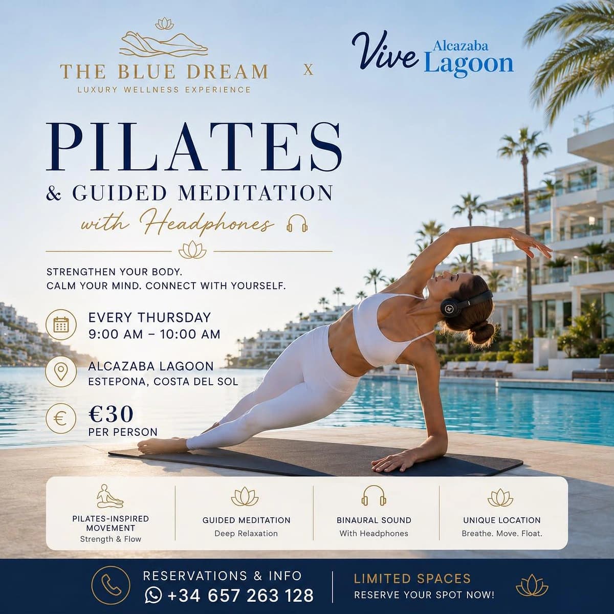 Cartel de The Blue Dream en Alcazaba Lagoon con una mujer practicando pilates junto a la laguna con auriculares, anunciando una experiencia de pilates, meditación guiada y sonido binaural en la Costa del Sol.