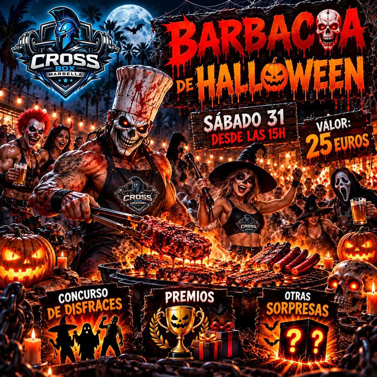 Cartel de la BBQ de Halloween de CrossBox Marbella con parrilla encendida, personajes disfrazados, calabazas, concurso de disfraces, premios y fecha 31.