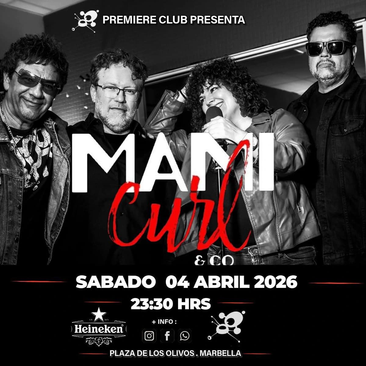 Cartel promocional de Mami Curl & Co en Premiere Club con cuatro miembros de la banda en blanco y negro y la vocalista en el centro con micrófono. El concierto es el sábado 4 de abril de 2026 a las 23:30 h en Marbella.