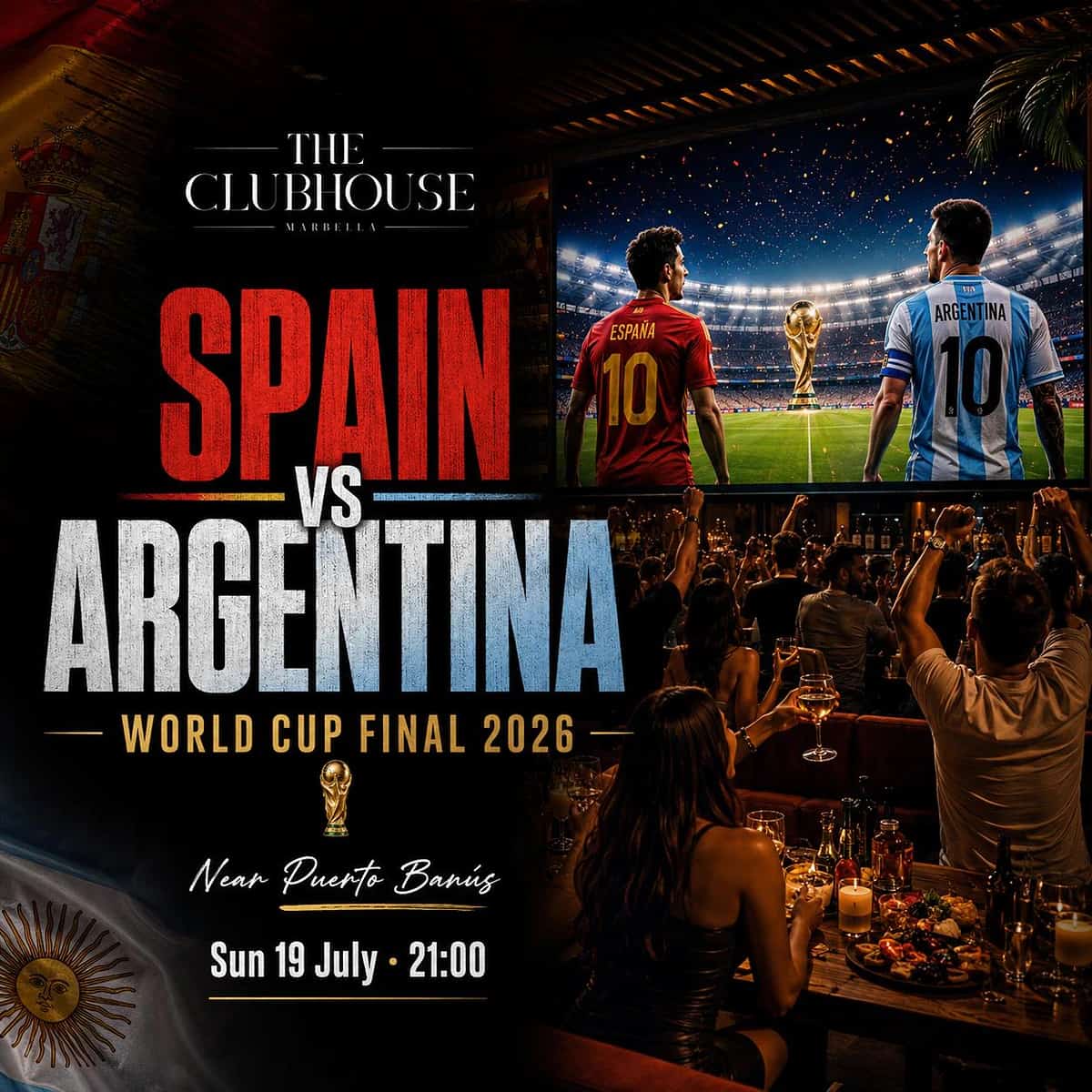 Final del Mundial 2026 entre España y Argentina retransmitida en pantallas en The Clubhouse Marbella, cerca de Puerto Banús.