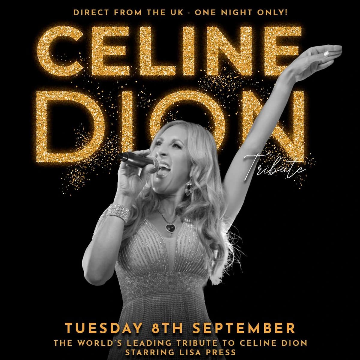 Cartel del Celine Dion Tribute en La Sala Puerto Banús con Lisa Press cantando al micrófono sobre fondo negro y letras doradas para el martes 8 de septiembre.