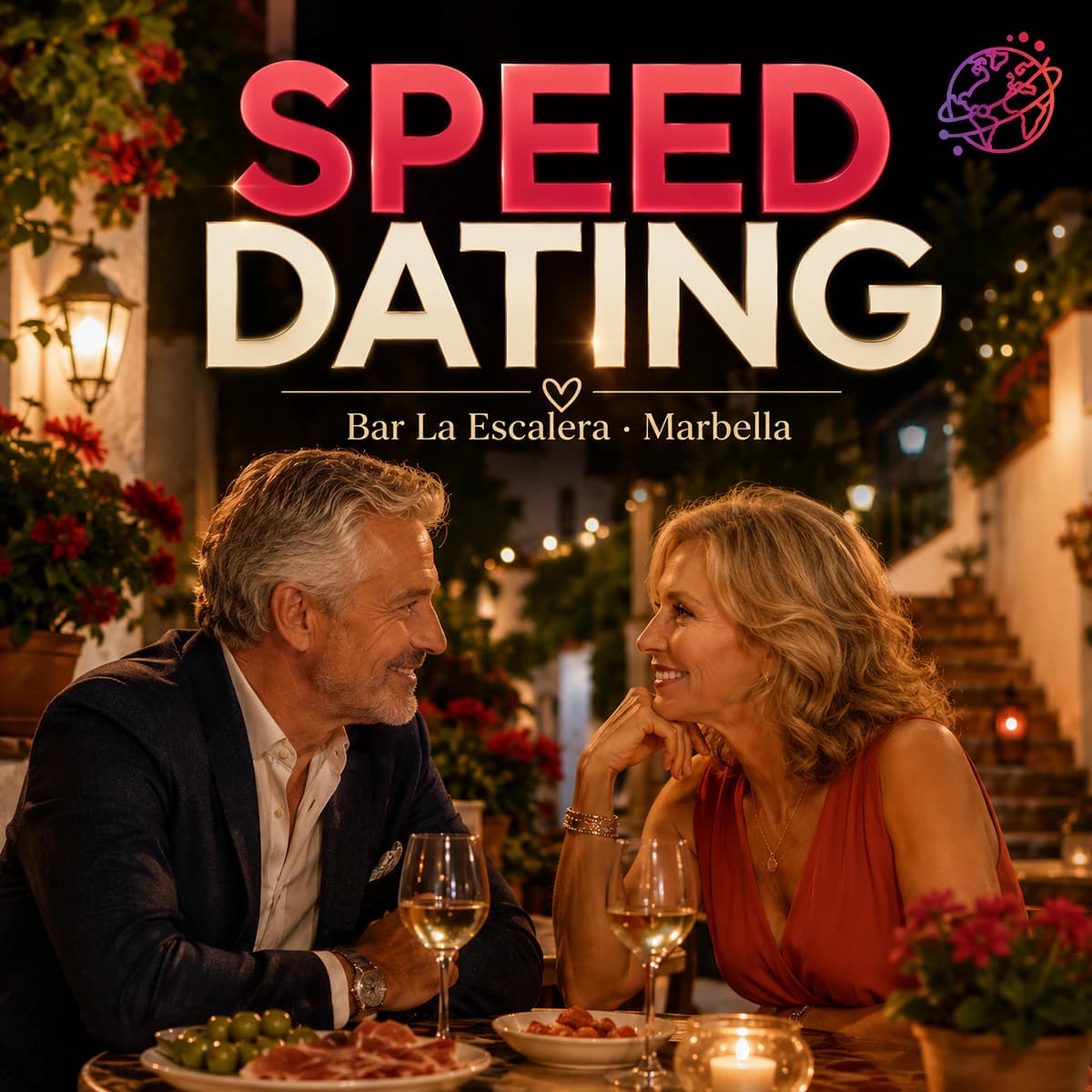 Cartel promocional de speed dating con estética cinematográfica en Bar La Escalera, Marbella, mostrando a un hombre y una mujer maduros mirándose en una mesa con vino y tapas en un ambiente cálido de noche.