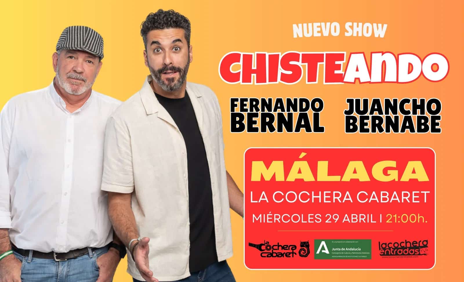 Fernando Bernal y Juancho Bernabé actuando en el espectáculo de comedia Chisteando en Málaga 2026