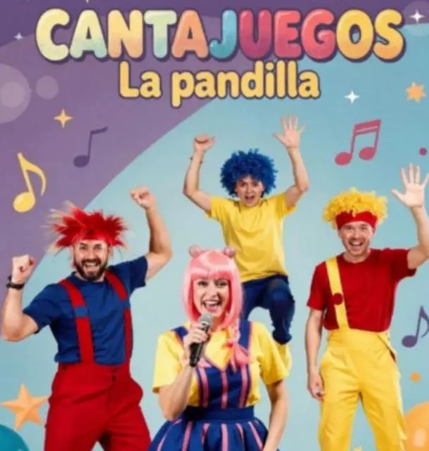 Imagen colorida y animada de CANTAJUEGOS actuando en el escenario
