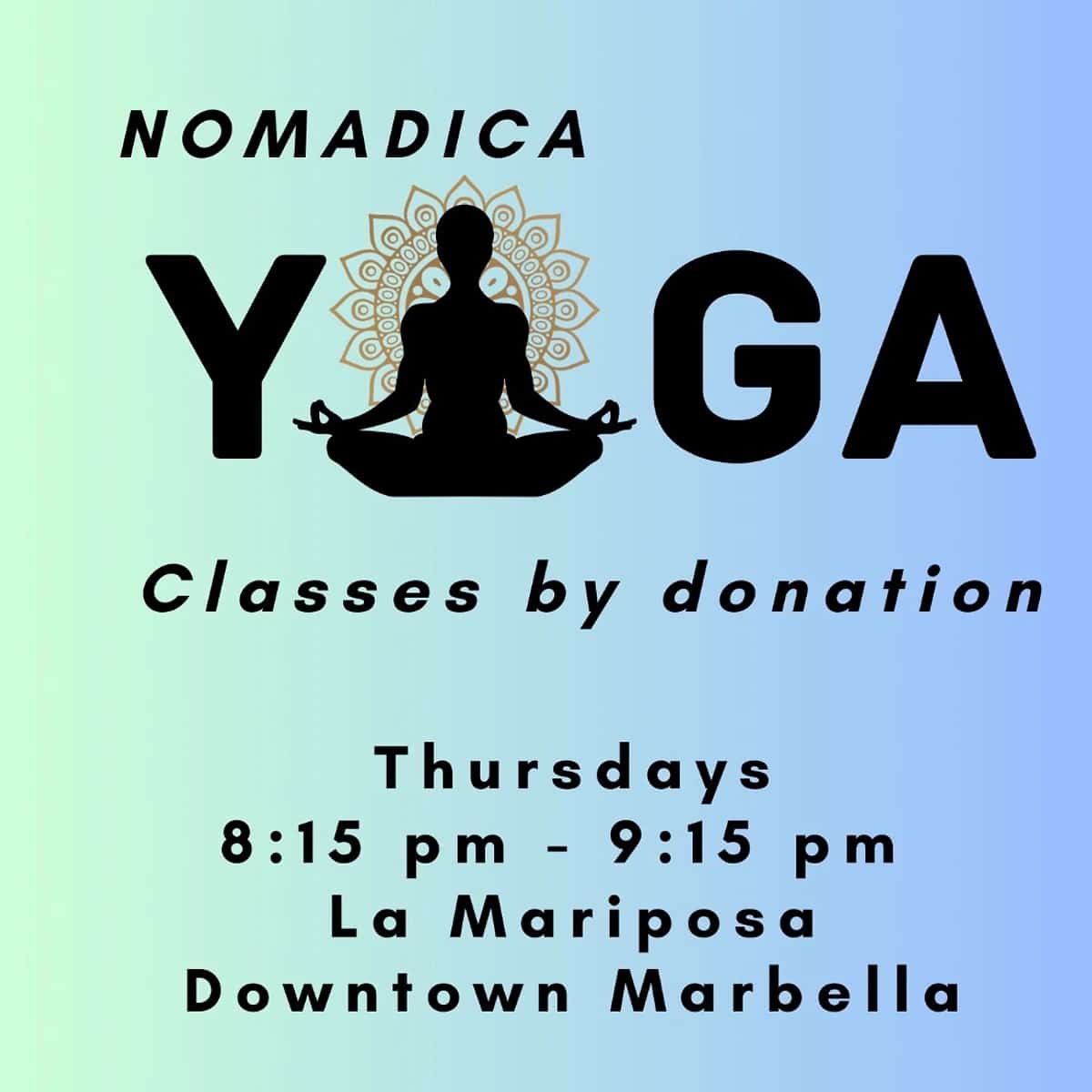 Cartel del evento para las clases de yoga de Nomadica los jueves en el centro de Marbella.