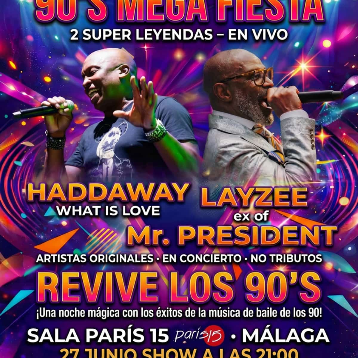 Haddaway y LayZee actuando en vivo en la 90's Mega Fiesta en Málaga 2026
