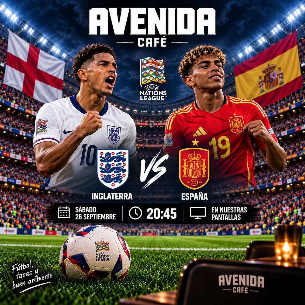 Cartel de Inglaterra vs España con dos futbolistas, escudos de ambas selecciones, logo de Nations League y fecha 26 de septiembre a las 20:45.