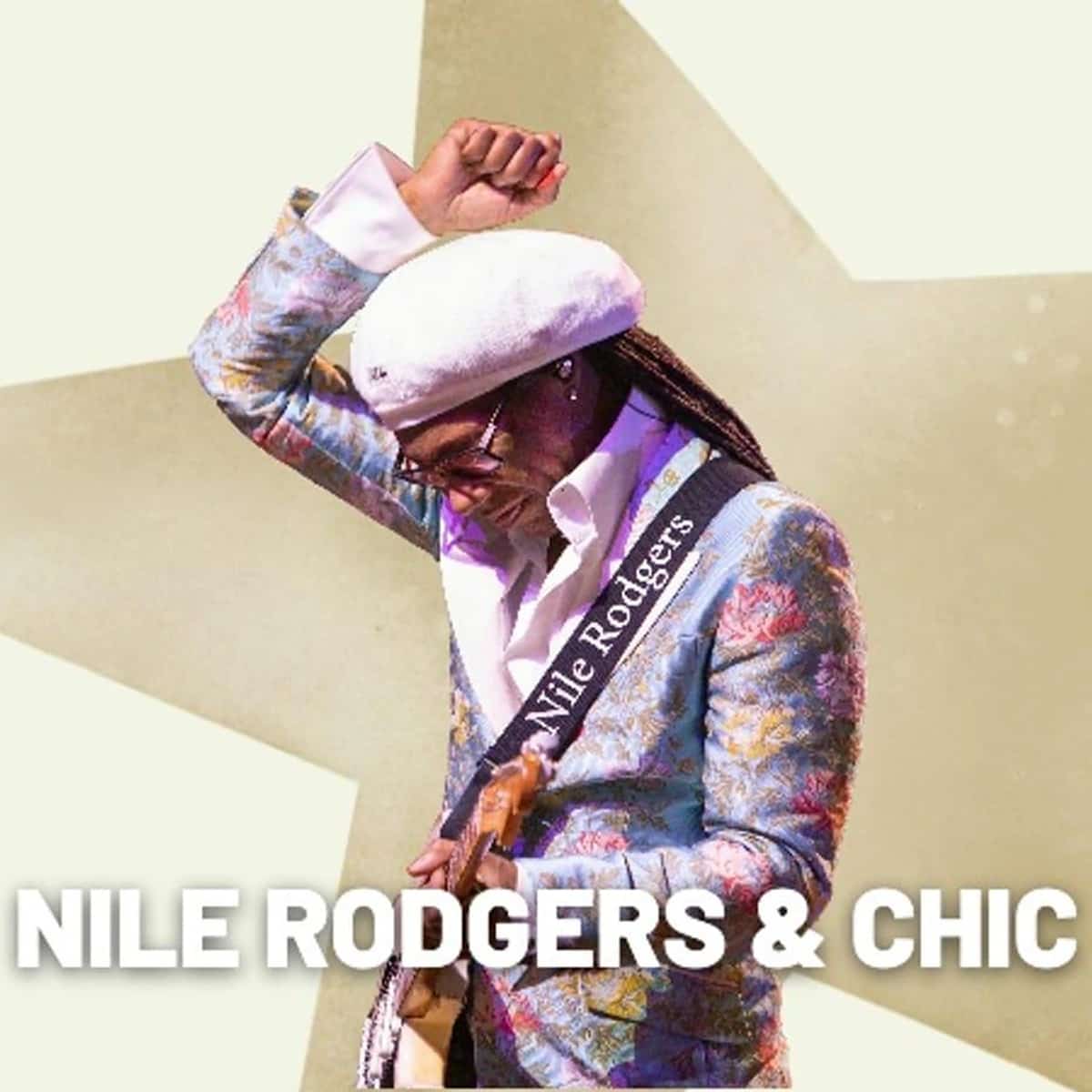 El cartel oficial muestra a Nile Rodgers tocando la guitarra, con gorra blanca, gafas y traje estampado, sobre la estrella dorada de Starlite.