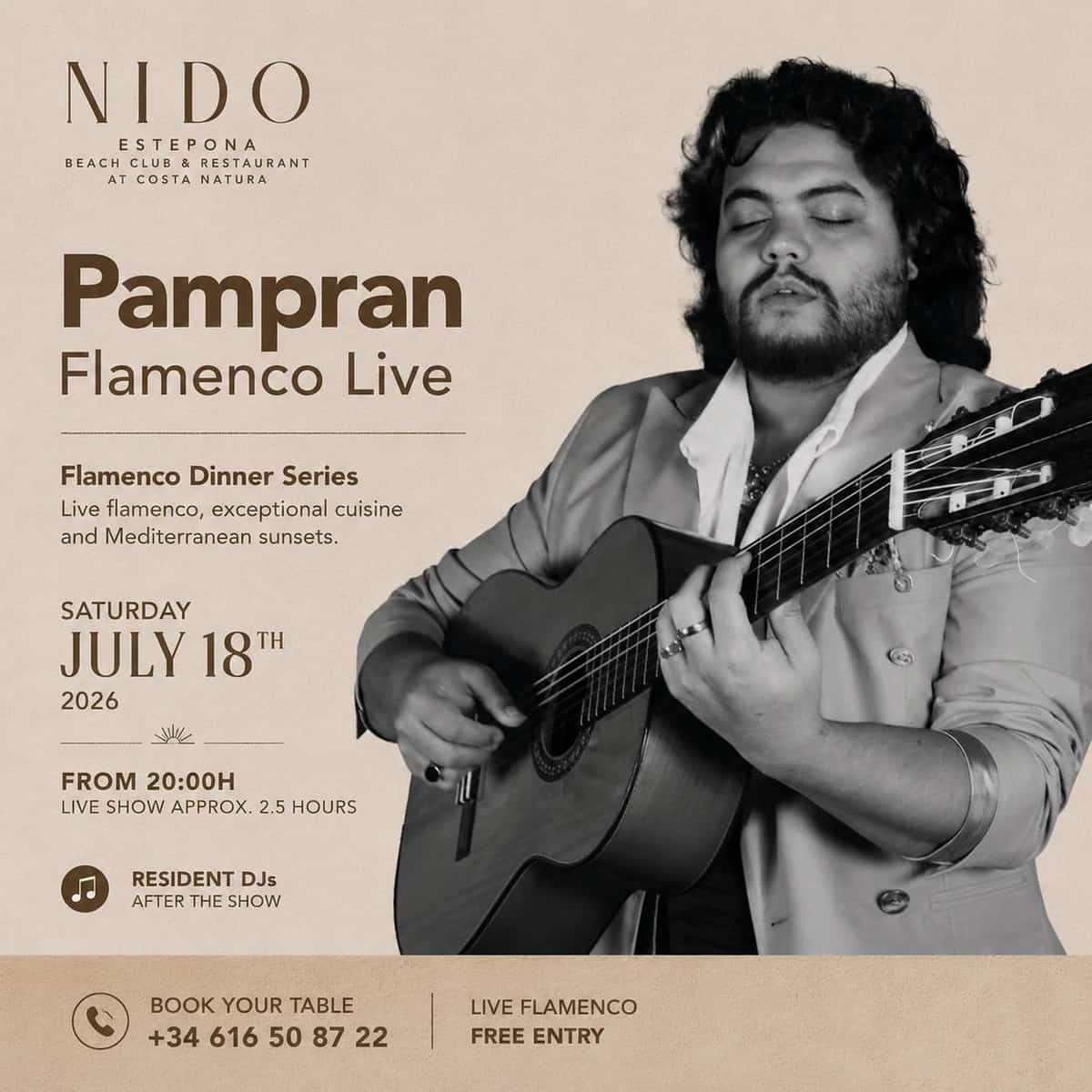 Cartel de Pampran Flamenco Live en Nido Estepona con guitarra flamenca, cena frente al mar y DJs residentes.