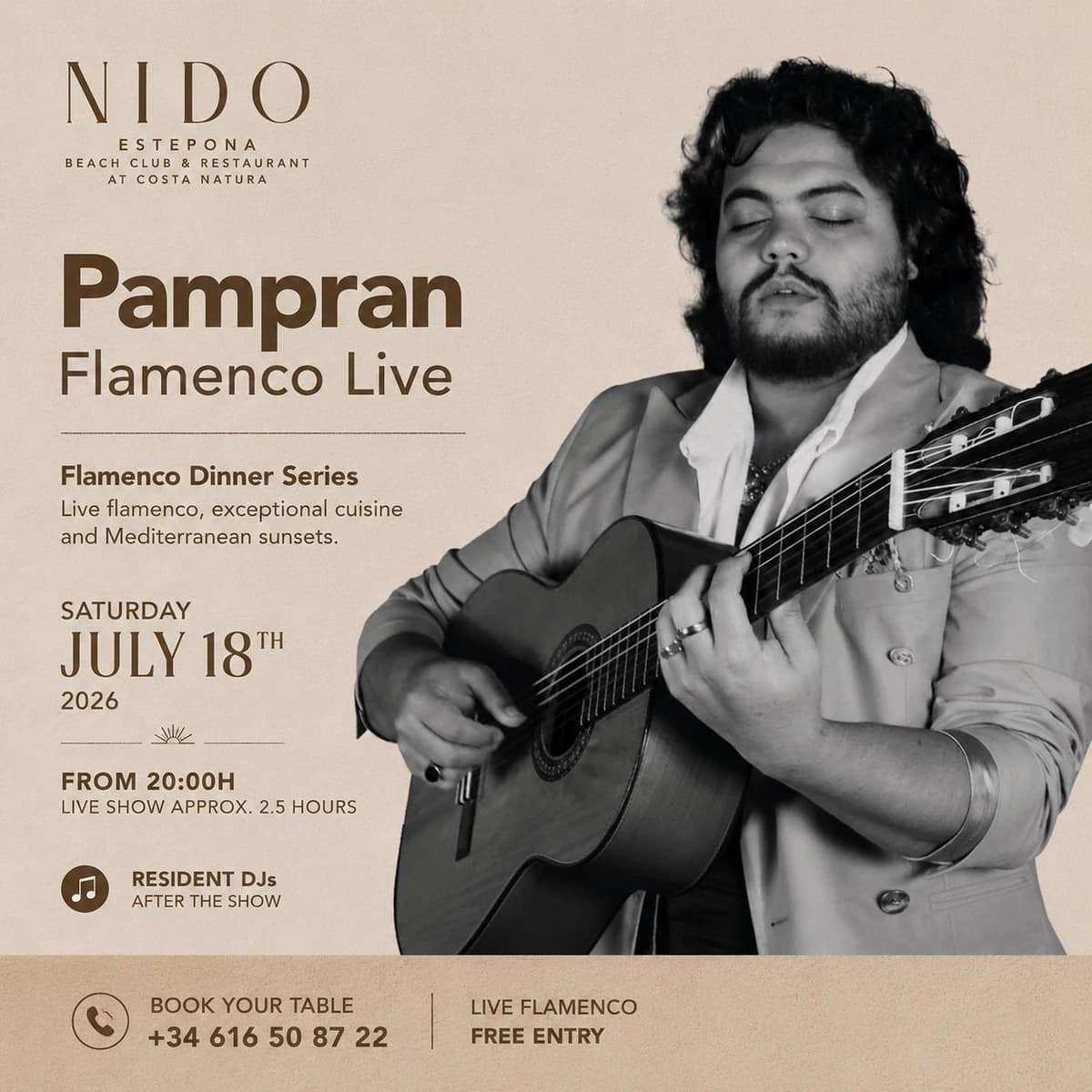 Cartel de Pampran Flamenco Live en Nido Estepona con guitarra flamenca, cena frente al mar y DJs residentes.