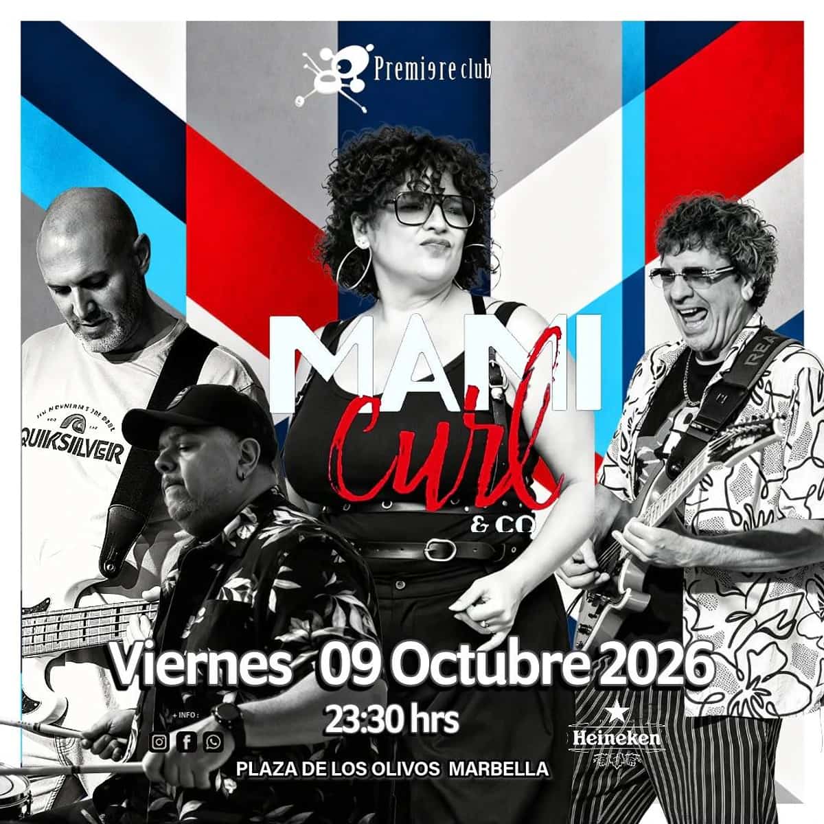 Cuatro integrantes de Mami Curl & Co posan sobre un fondo geométrico rojo, azul, negro y blanco, con vocalista femenina al centro y músicos con guitarra, bajo y batería.