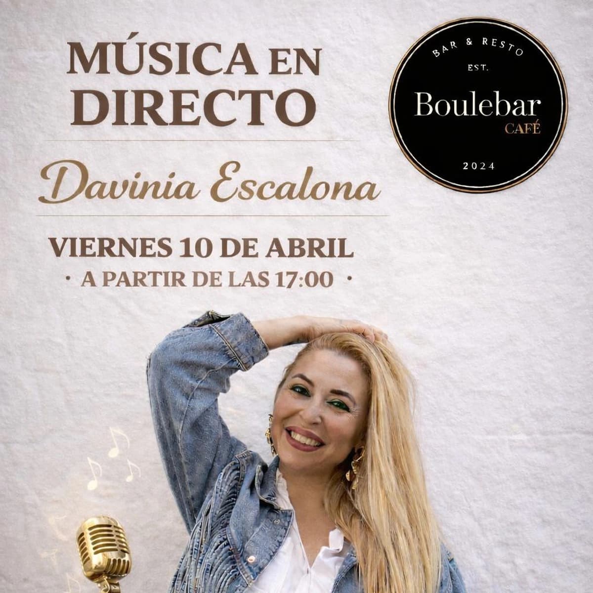 Cartel de música en directo con Davinia Escalona en Boulebar Café el viernes 10 de abril desde las 17:00, tardeo flamenco con terraza y buen ambiente en San Pedro Alcántara.