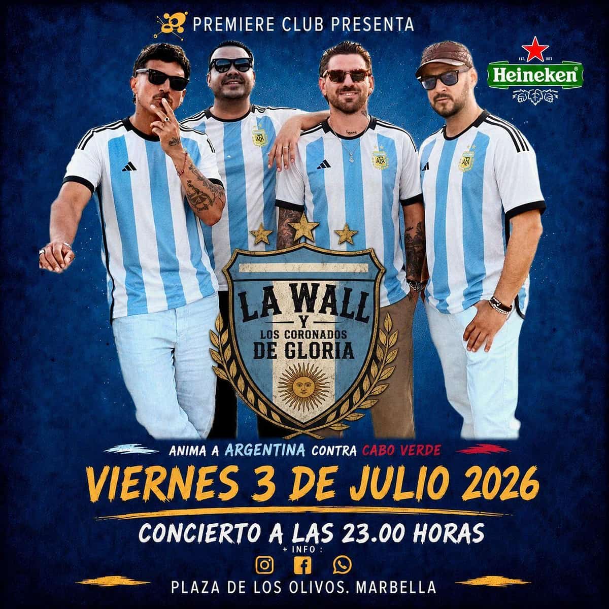 Cartel promocional de Wall St Band en edición especial La Wall en Premiere Club Marbella, con cuatro miembros de la banda vestidos con camisetas de Argentina sobre fondo azul y texto del concierto del viernes 3 de julio de 2026 a las 23:00 h en Plaza de los Olivos.
