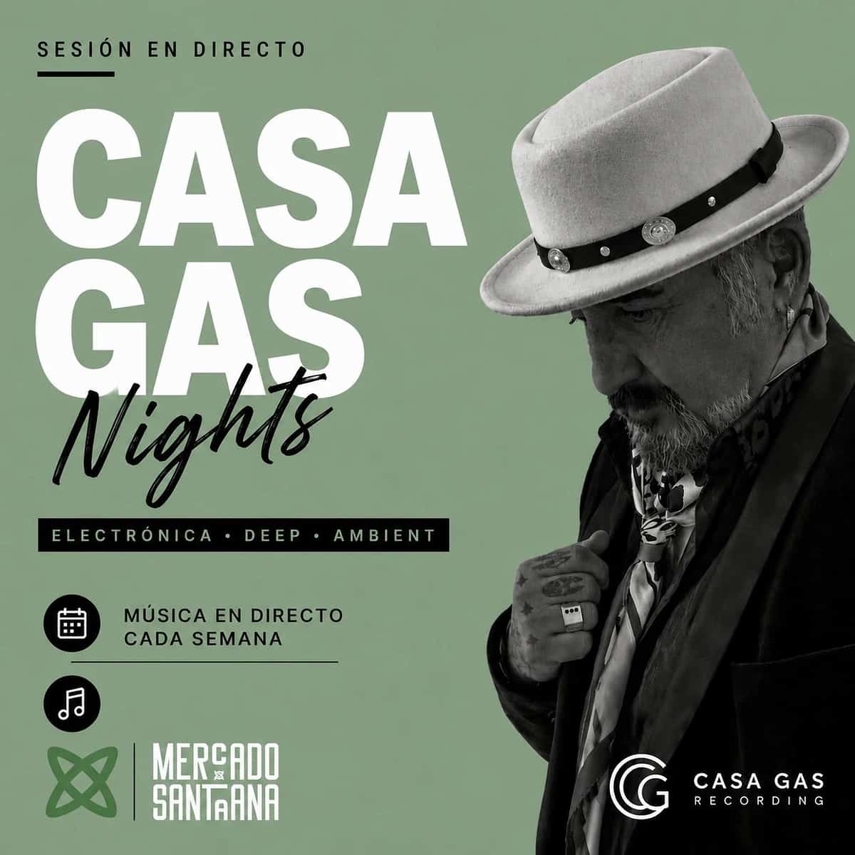 Casa Gas en directo en Mercado de Santa Ana con sesiones nocturnas de electrónica y deep music en Estepona.
