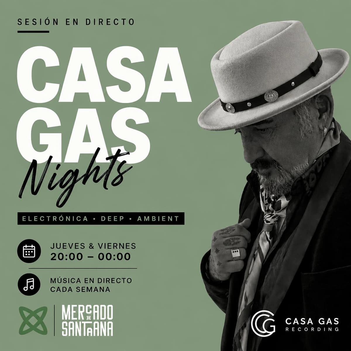 Casa Gas en directo en Mercado de Santa Ana con sesiones nocturnas de electrónica y deep music en Estepona.