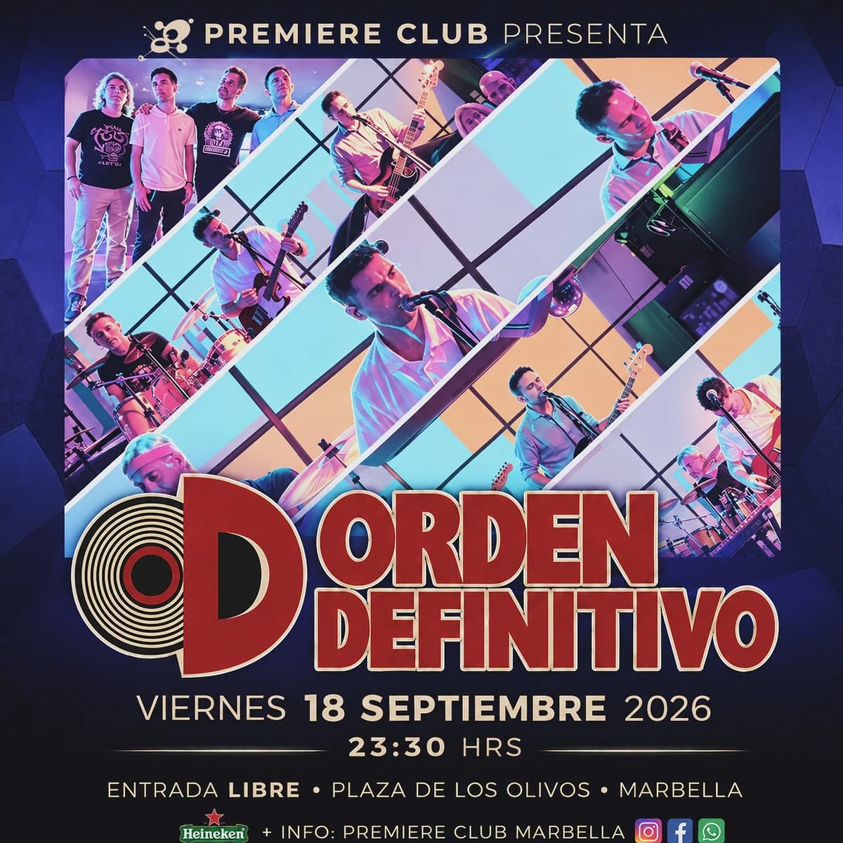 Cartel promocional de Orden Definitivo con los miembros de la banda y su logotipo, anunciando el concierto del viernes 18 de septiembre de 2026 en Premiere Club Marbella.