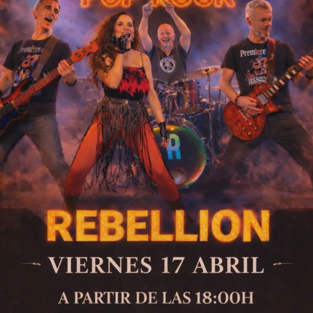 Cartel del concierto de Rebellion en Boulebar Café el viernes 17 de abril a las 18:00, banda de pop rock en vivo en San Pedro Alcántara, Marbella.